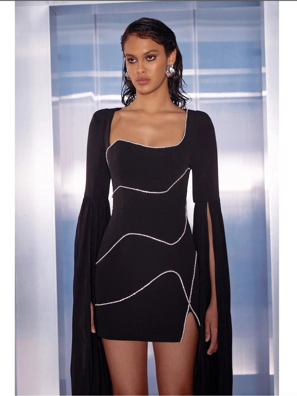 Black Crystal-Trim Square Neck Mini Dress with Dramatic Sleeves